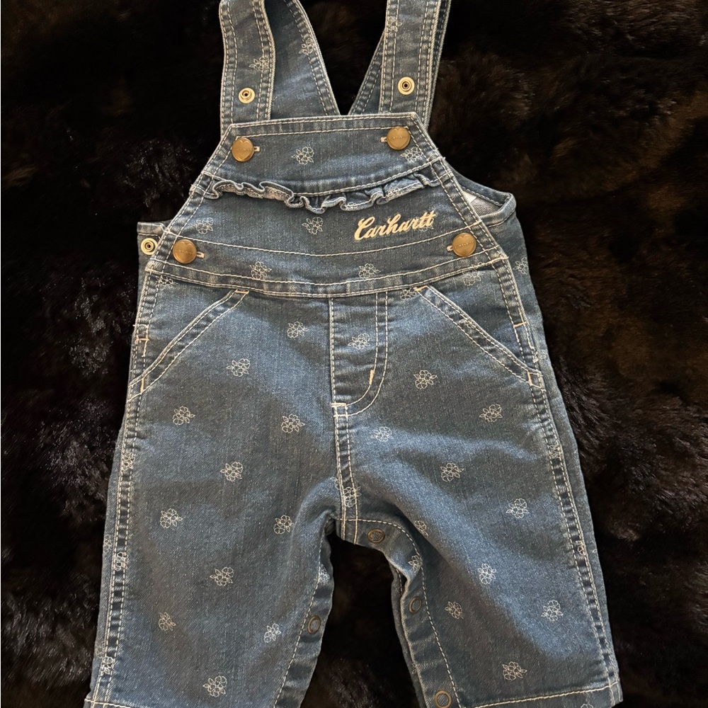 Carhartt Girls' Denim Floral Embroidered Overalls in Blue 3M